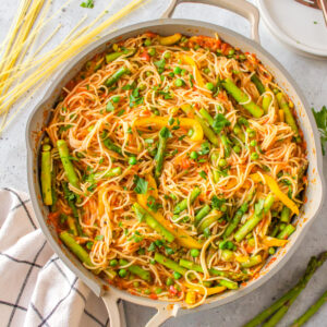 skillet of light spring pasta with veggies