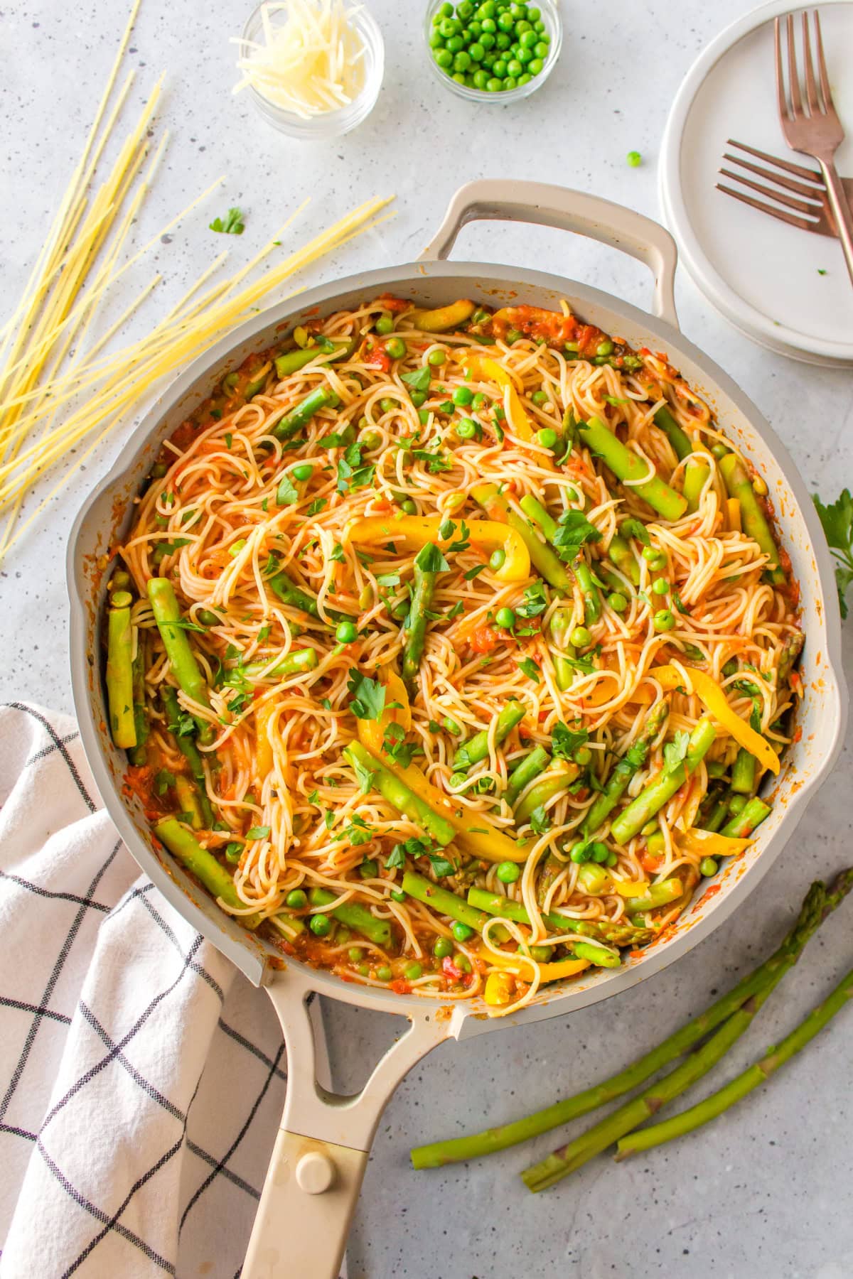 skillet of light spring pasta with veggies