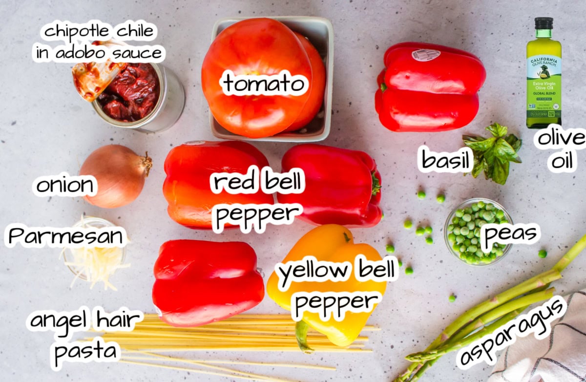ingredients displayed for making light spring pasta