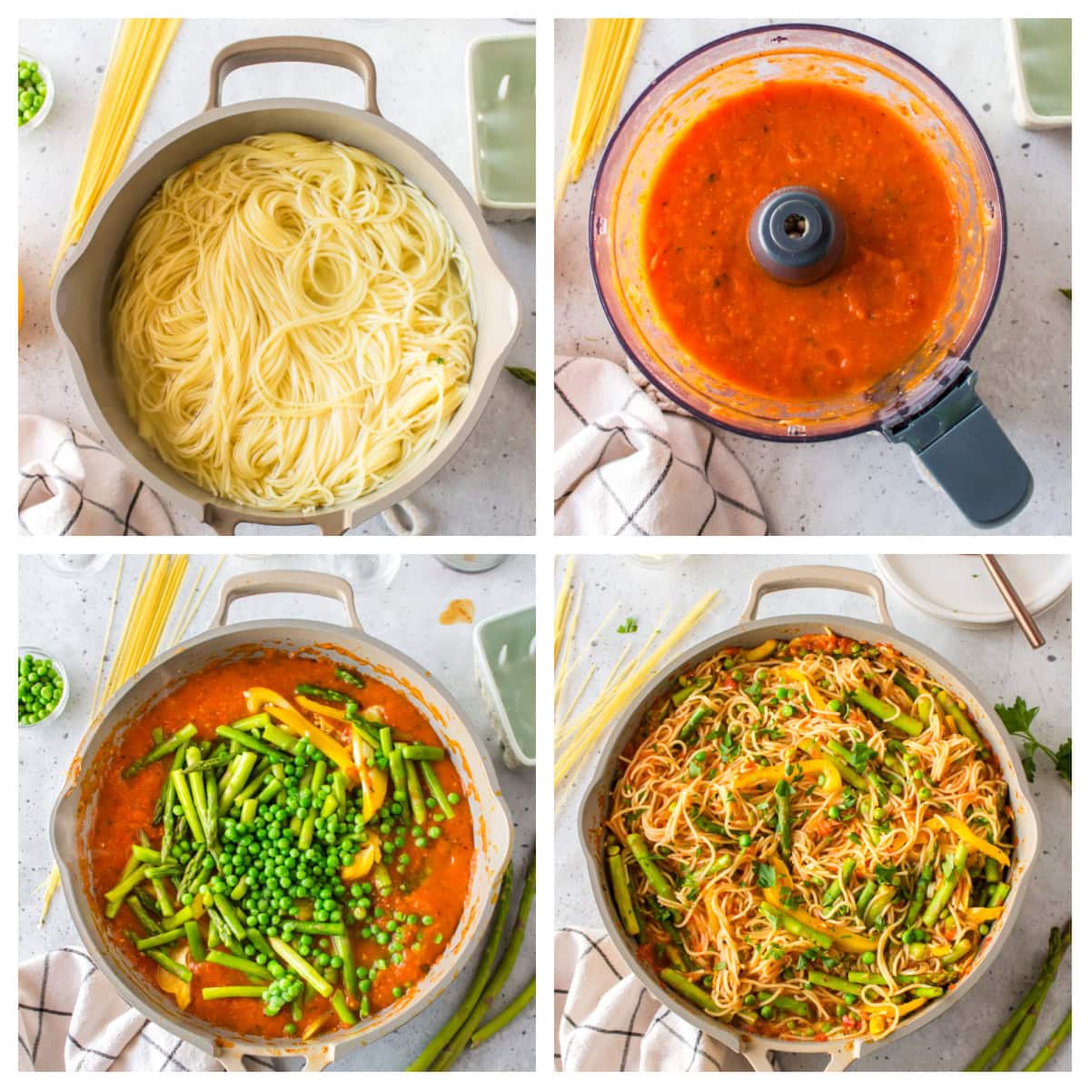 four photos showing how to make light spring pasta