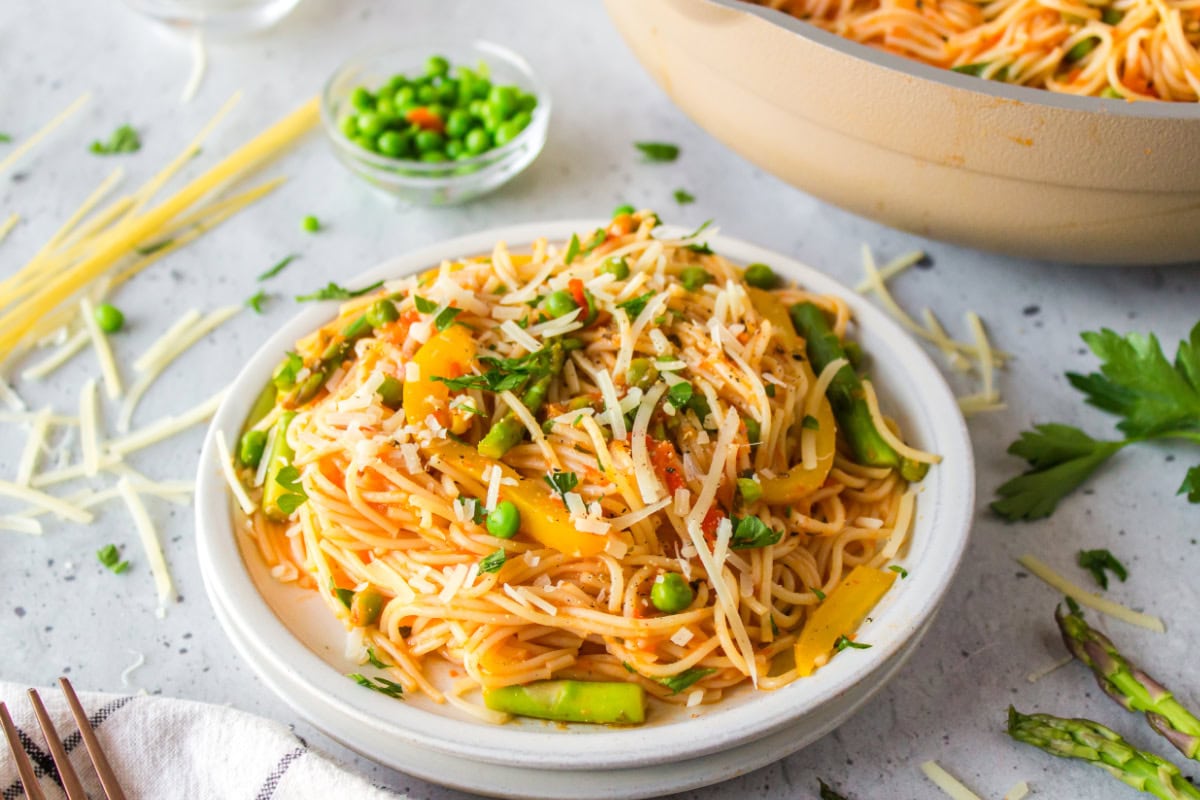 serving of light spring pasta on plate
