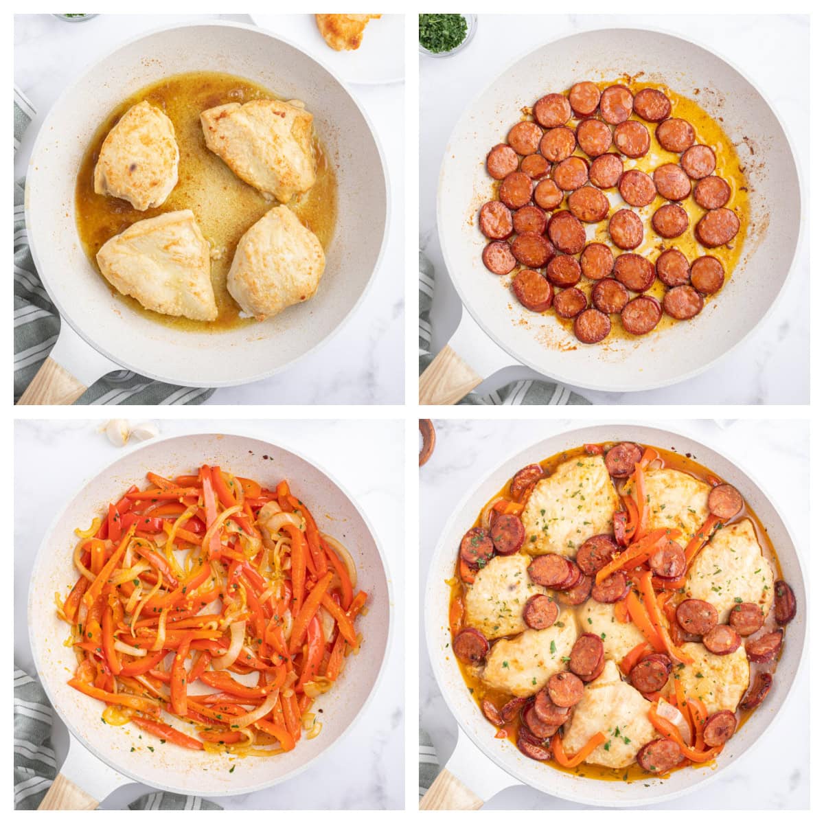 four photos showing how to make pollo a la riojana