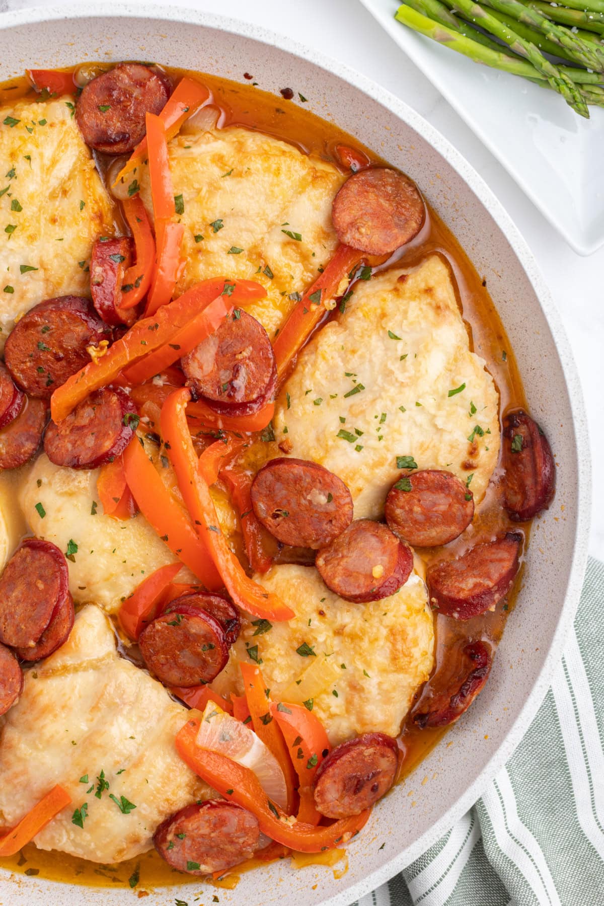 overhead shot of skillet full of pollo a la riojana