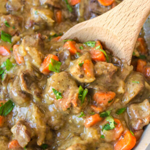 pork meat stew with wooden spoon