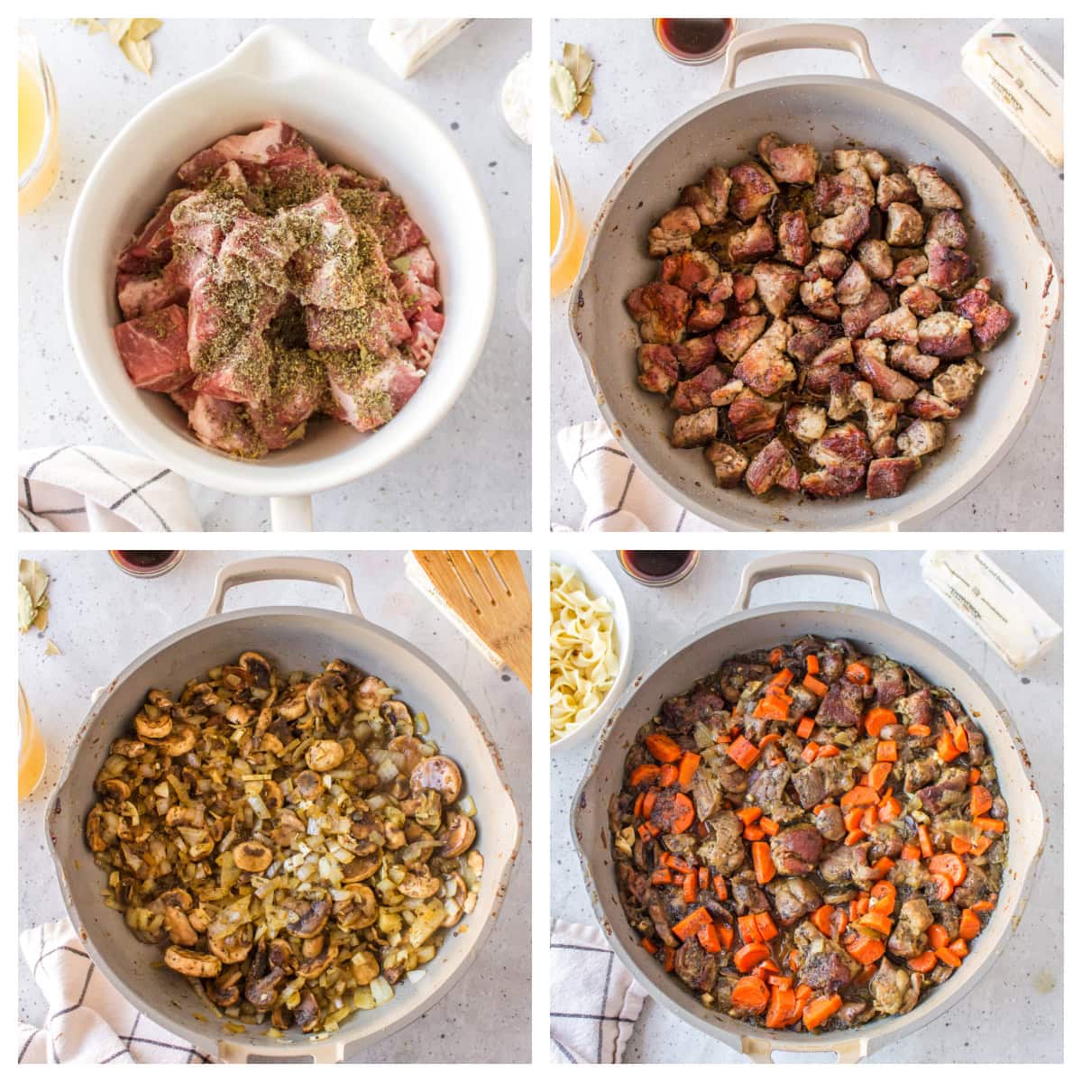 four photos showing how to make pork meat stew