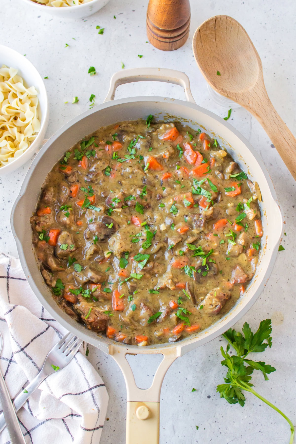 skillet of pork meat stew