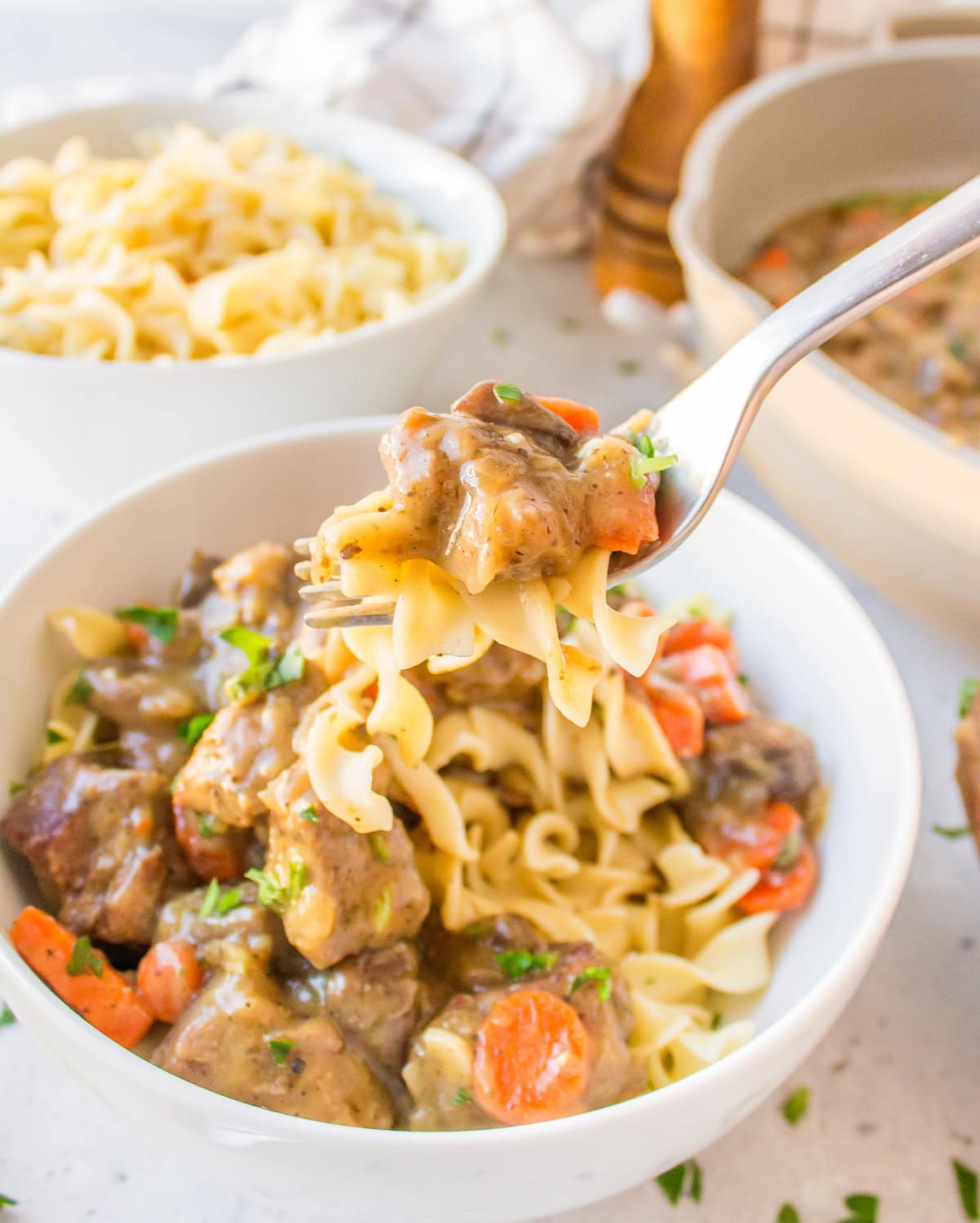 serving of pork meat stew with fork full