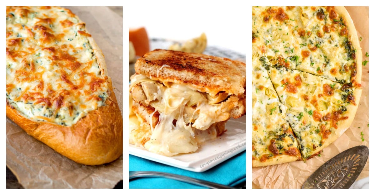 Love artichoke hearts? This roundup includes 25 delicious artichoke heart recipes—dips, pasta, casseroles, chicken dinners, and more! collage of savory baking recipes with artichoke hearts