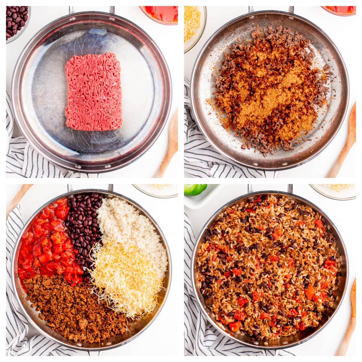 four photos showing how to make the stuffing for stuffed peppers