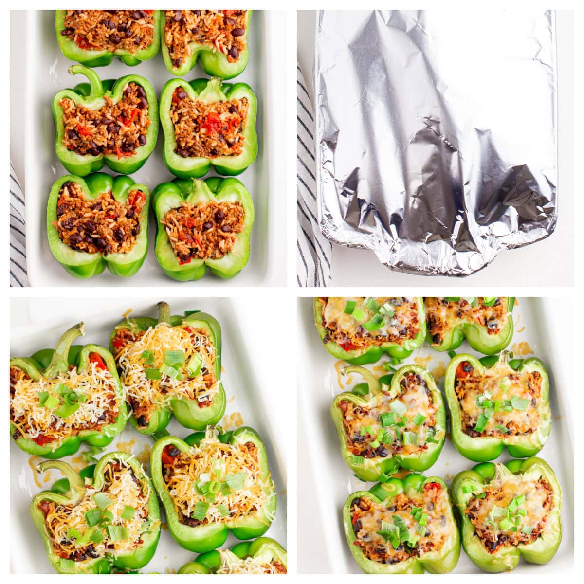 four photos showing how to bake taco stufffed peppers