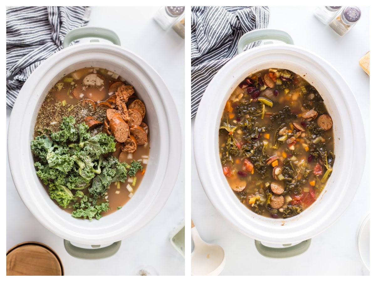 two photos showing making tuscan sausage soup in slow cooker