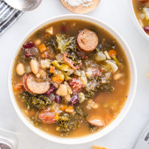 overhead shot of bowl of tuscan sausage soup