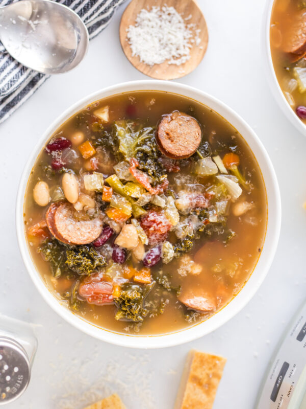 overhead shot of bowl of tuscan sausage soup