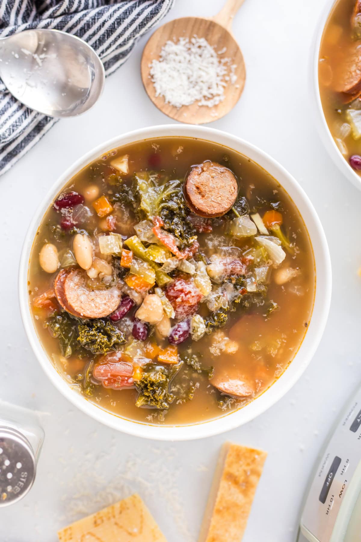 overhead shot of bowl of tuscan sausage soup