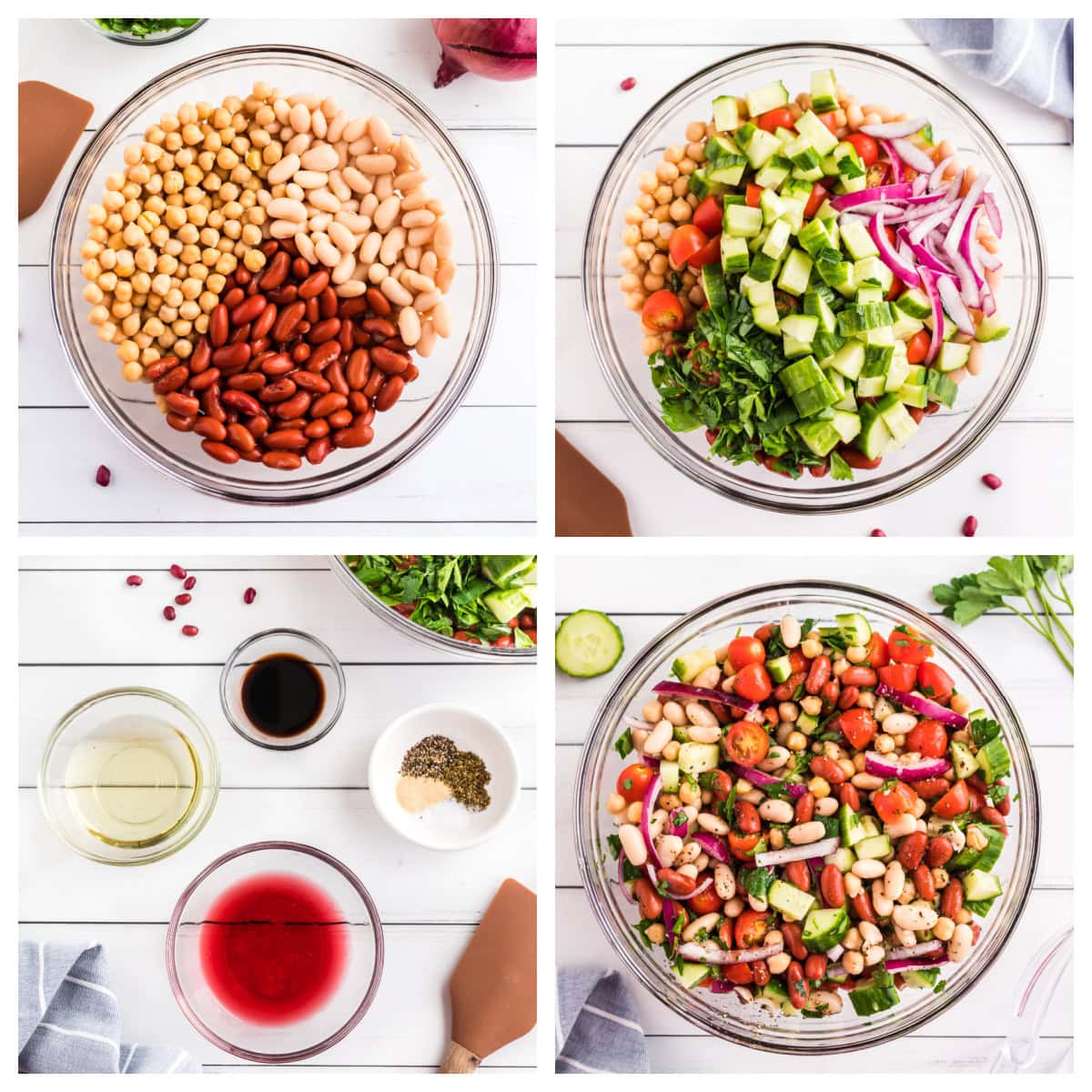 four photos showing how to make 3 bean salad