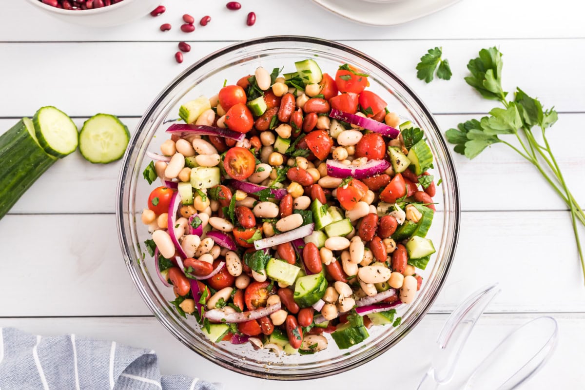 glass bowl of 3 bean salad