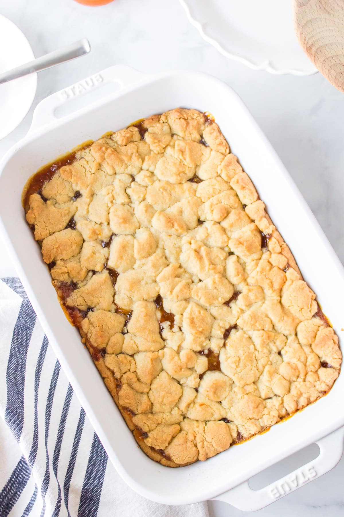 apricot shortbread bars in pan before cutting