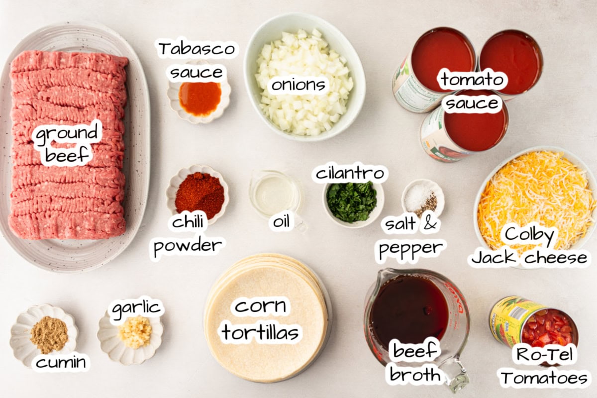 ingredients displayed for making beef enchilada bake