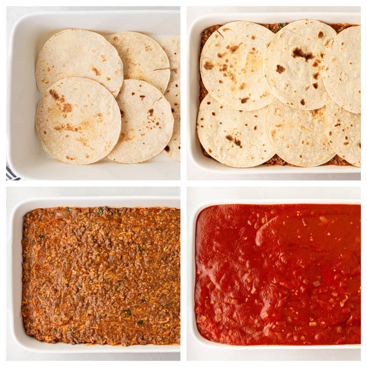 four photos showing how to make beef enchilada bake