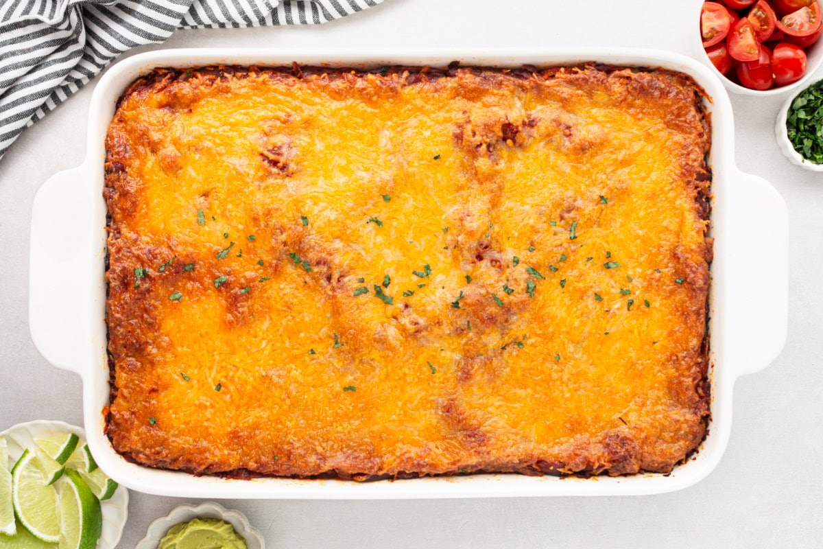 beef enchilada bake in casserole dish