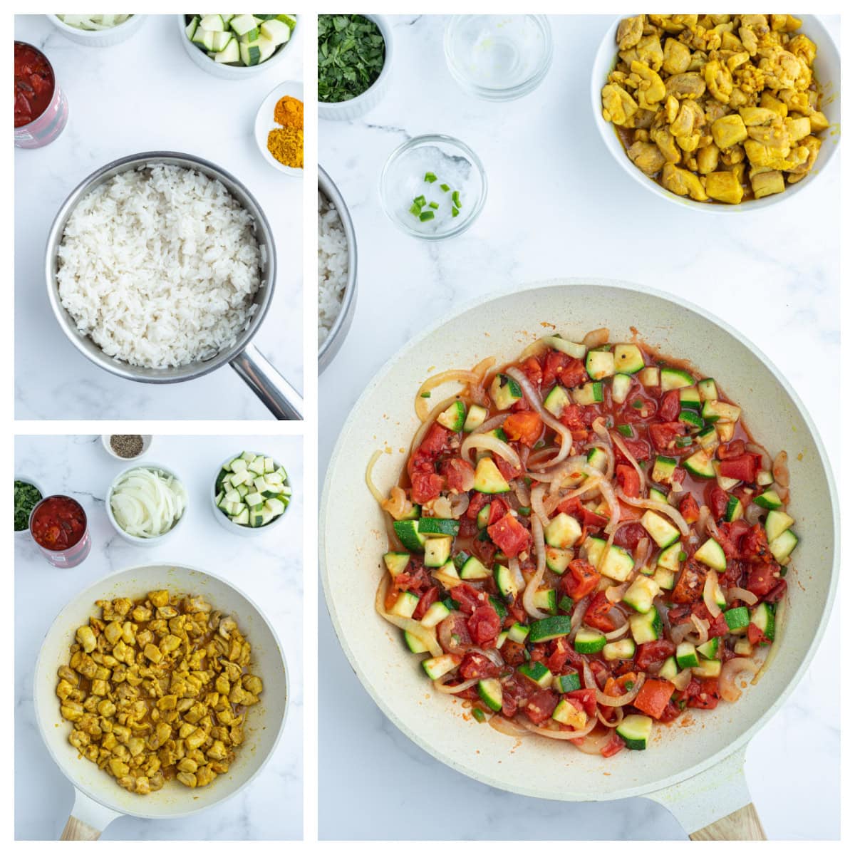 three photos showing how to make chicken curry bowls