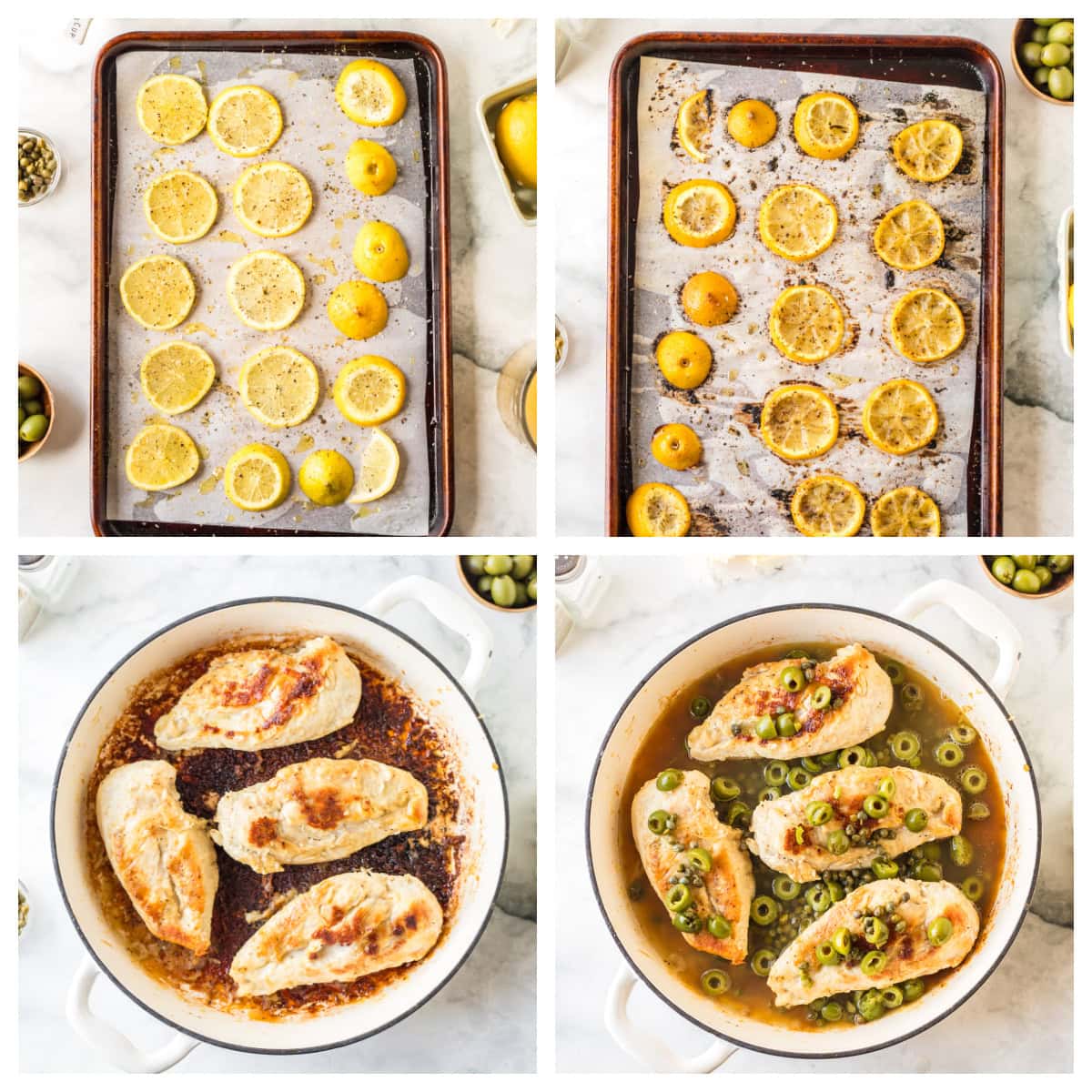four photos showing how to make chicken with roasted lemons
