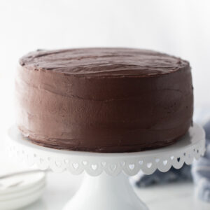 chocolate mayonnaise cake on a cake stand