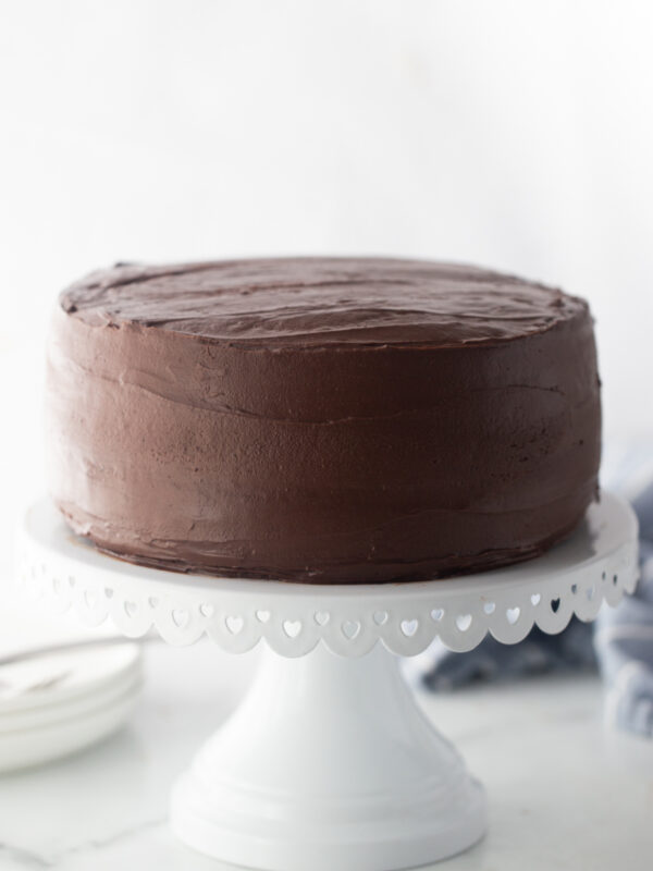 chocolate mayonnaise cake on a cake stand