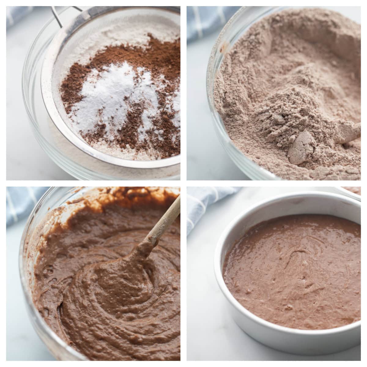 Chocolate Mayonnaise Cake is rich, moist and incredibly easy to make. The secret ingredient makes this cake unbelievably soft and delicious. four photos showing making cake batter