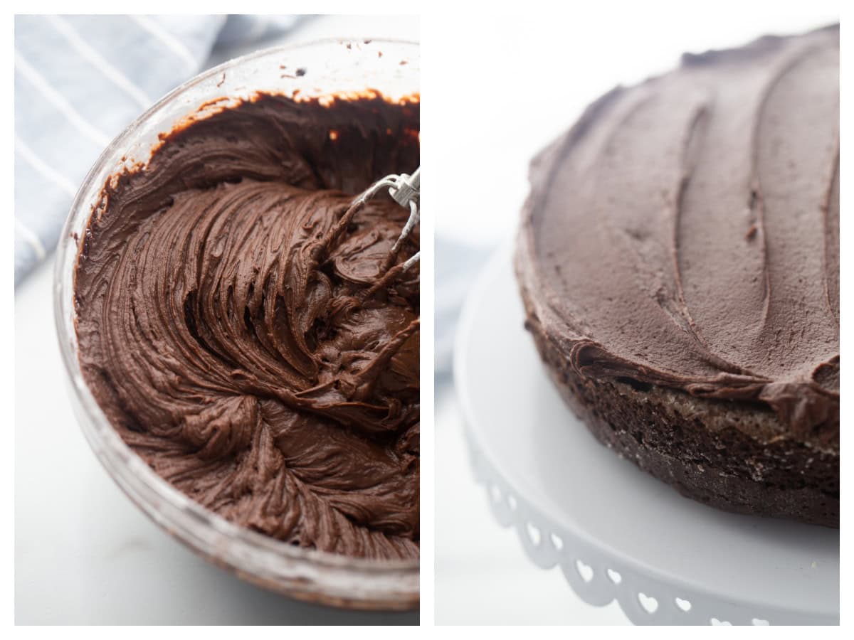 Chocolate Mayonnaise Cake is rich, moist and incredibly easy to make. The secret ingredient makes this cake unbelievably soft and delicious. two photos showing frosting in bowl and cake partially frosted