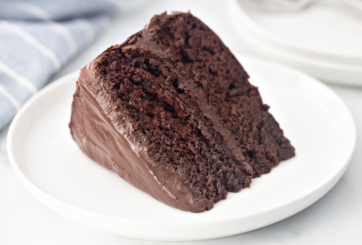 Chocolate Mayonnaise Cake is rich, moist and incredibly easy to make. The secret ingredient makes this cake unbelievably soft and delicious. slice of chocolate mayonnaise cake on a plate