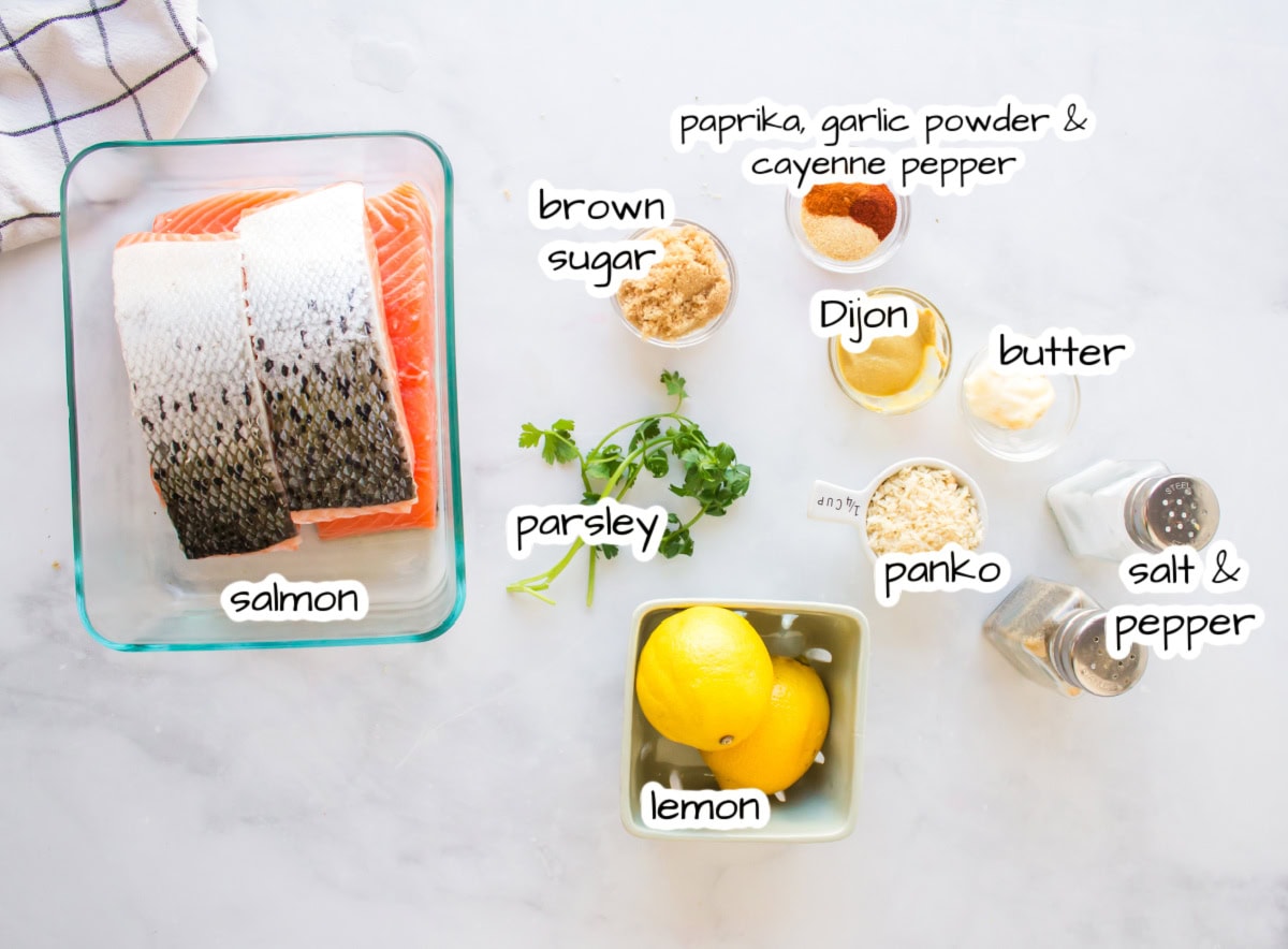 Easy Baked Salmon with a crispy breadcrumb topping and sweet savory flavor. A quick and delicious salmon dinner ready in minutes. ingredients displayed for making easy baked salmon