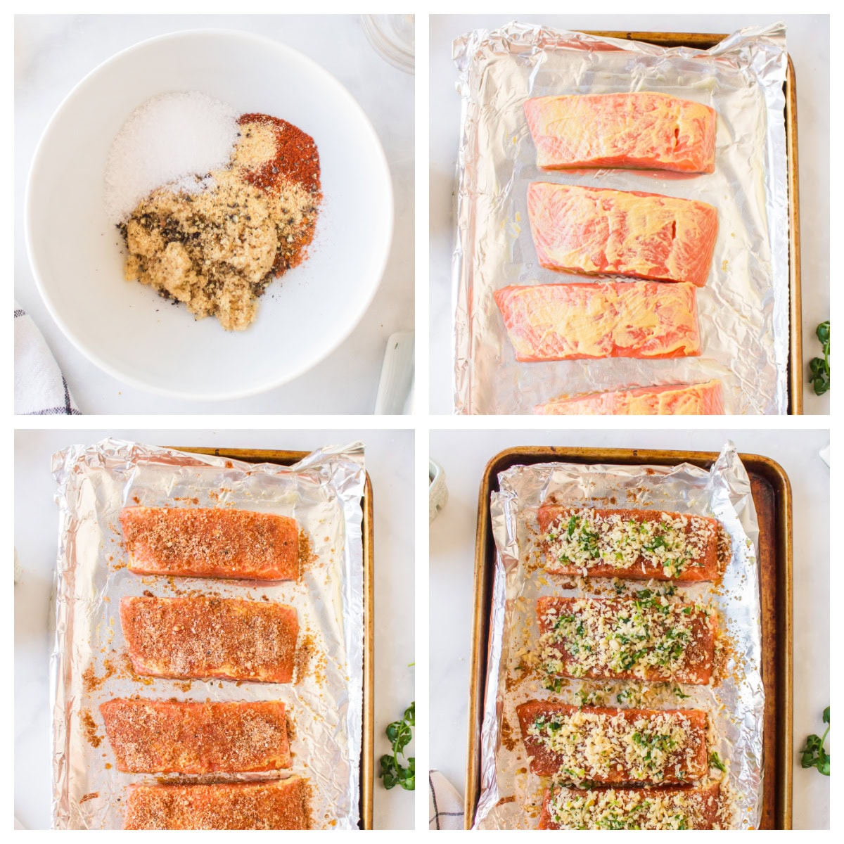 Easy Baked Salmon with a crispy breadcrumb topping and sweet savory flavor. A quick and delicious salmon dinner ready in minutes. four photos showing how to make easy baked salmon