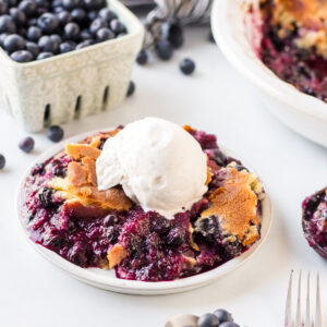serving of easy blueberry cobbler with vanilla ice cream