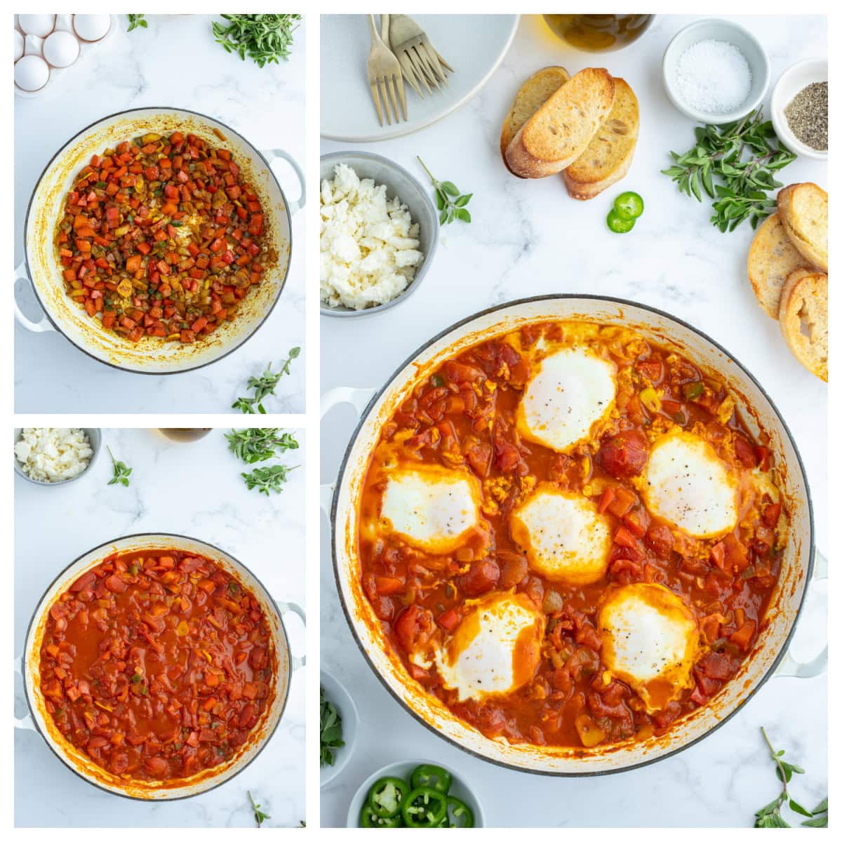 three photos showing how to make shakshuka