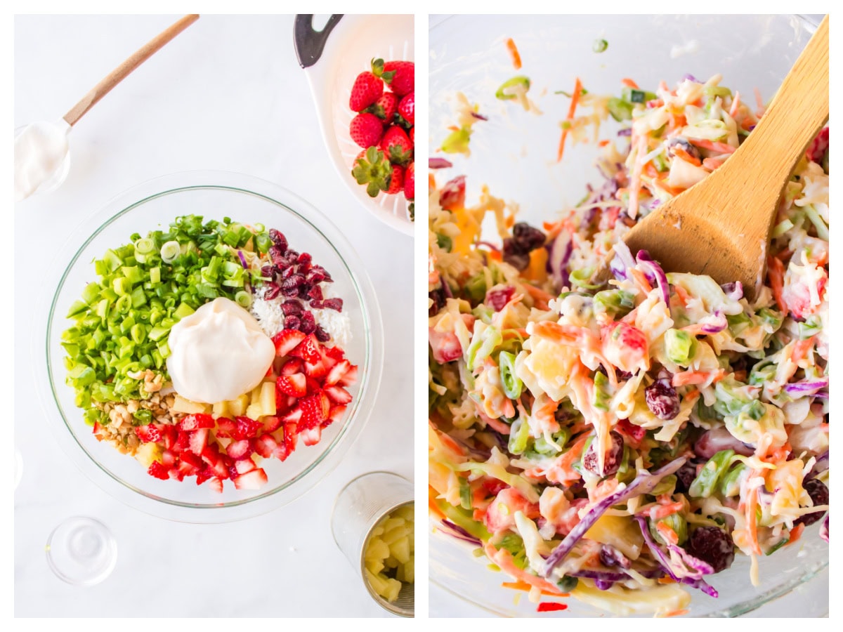 Fruity Coleslaw with strawberries, pineapple and coconut is a sweet, tangy and crunchy side dish perfect for BBQs and summer gatherings. two photos showing making fruity coleslaw