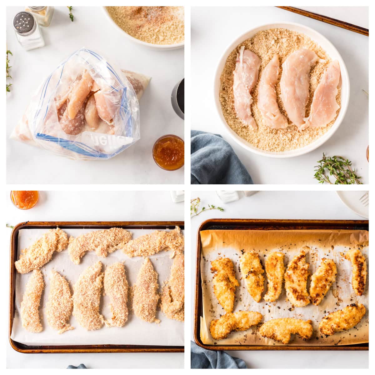 four photos showing how to make hot honey chicken tenders