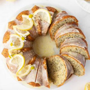 lemon poppy seed cake half sliced