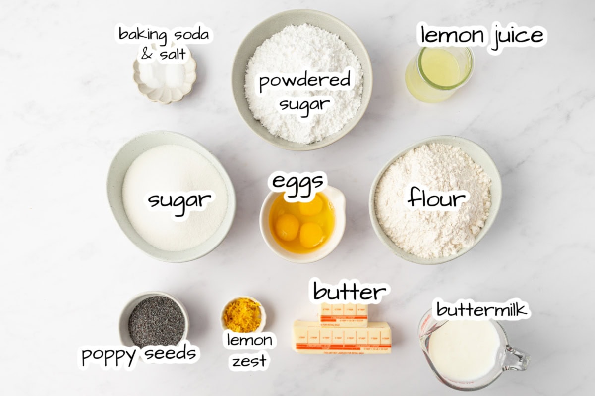 ingredients displayed for making lemon and poppy seed cake