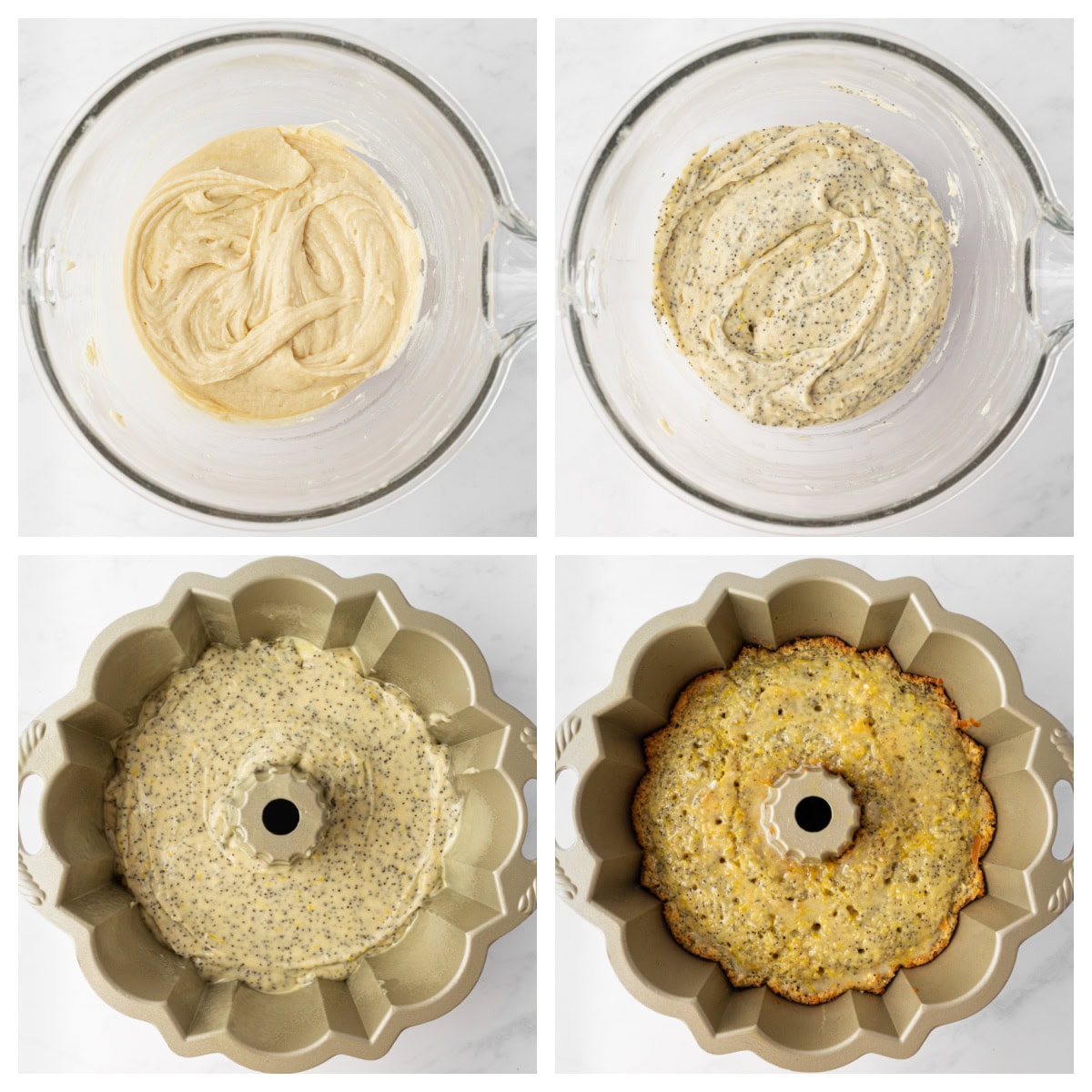 four photos showing how to make lemon poppy seed cake