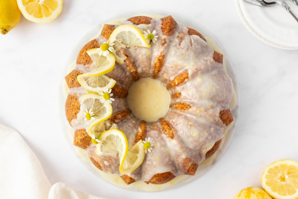 overhead shot of lemon poppy seed bundt cake
