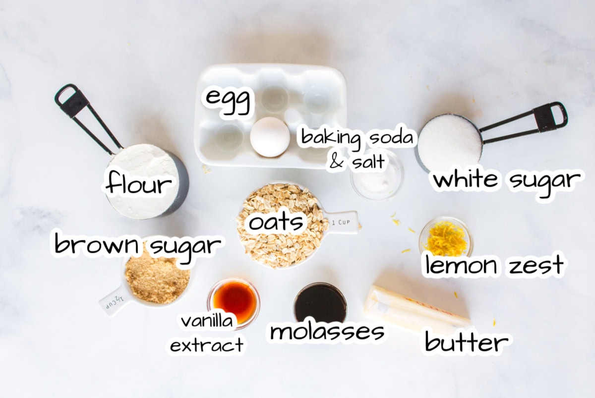 Oatmeal Refrigerator Cookies are easy slice-and-bake cookies with a soft chewy texture. Make the dough ahead and bake fresh anytime! ingredients displayed for making oatmeal refrigerator cookies