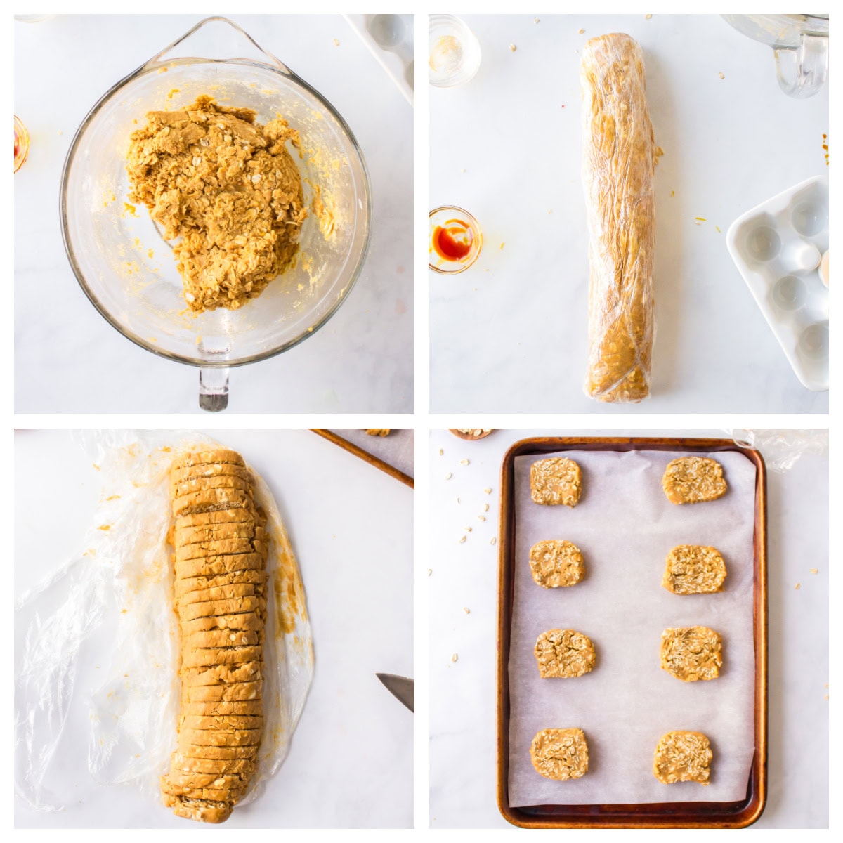 Oatmeal Refrigerator Cookies are easy slice-and-bake cookies with a soft chewy texture. Make the dough ahead and bake fresh anytime! four photos showing how to make oatmeal refrigerator cookies