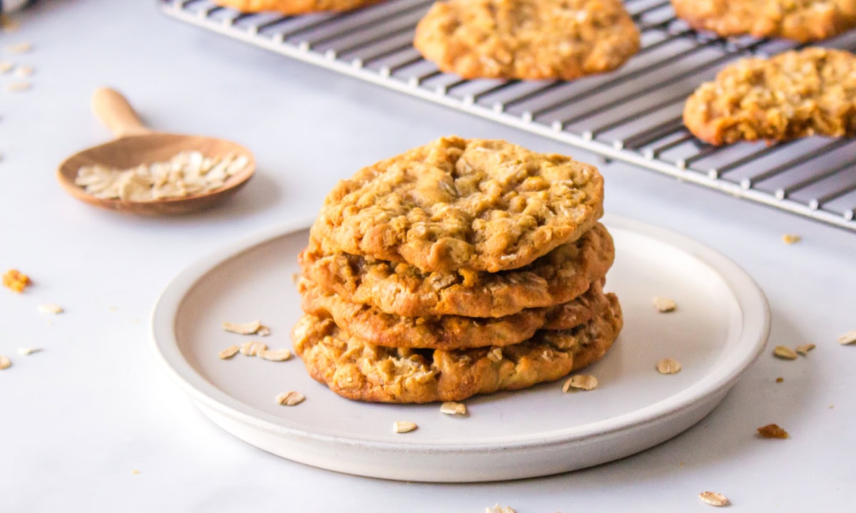 Oatmeal Refrigerator Cookies are easy slice-and-bake cookies with a soft chewy texture. Make the dough ahead and bake fresh anytime! stack of oatmeal refrigerator cookies