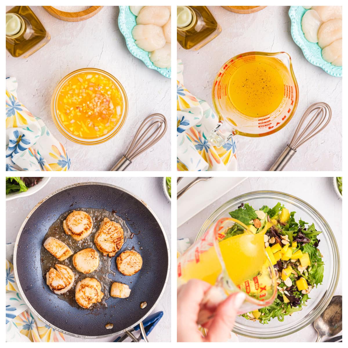 Scallop salad with mango, greens and a citrus vinaigrette. Fresh, light and perfect for a quick, flavorful meal! four photos showing how to assemble scallop salad