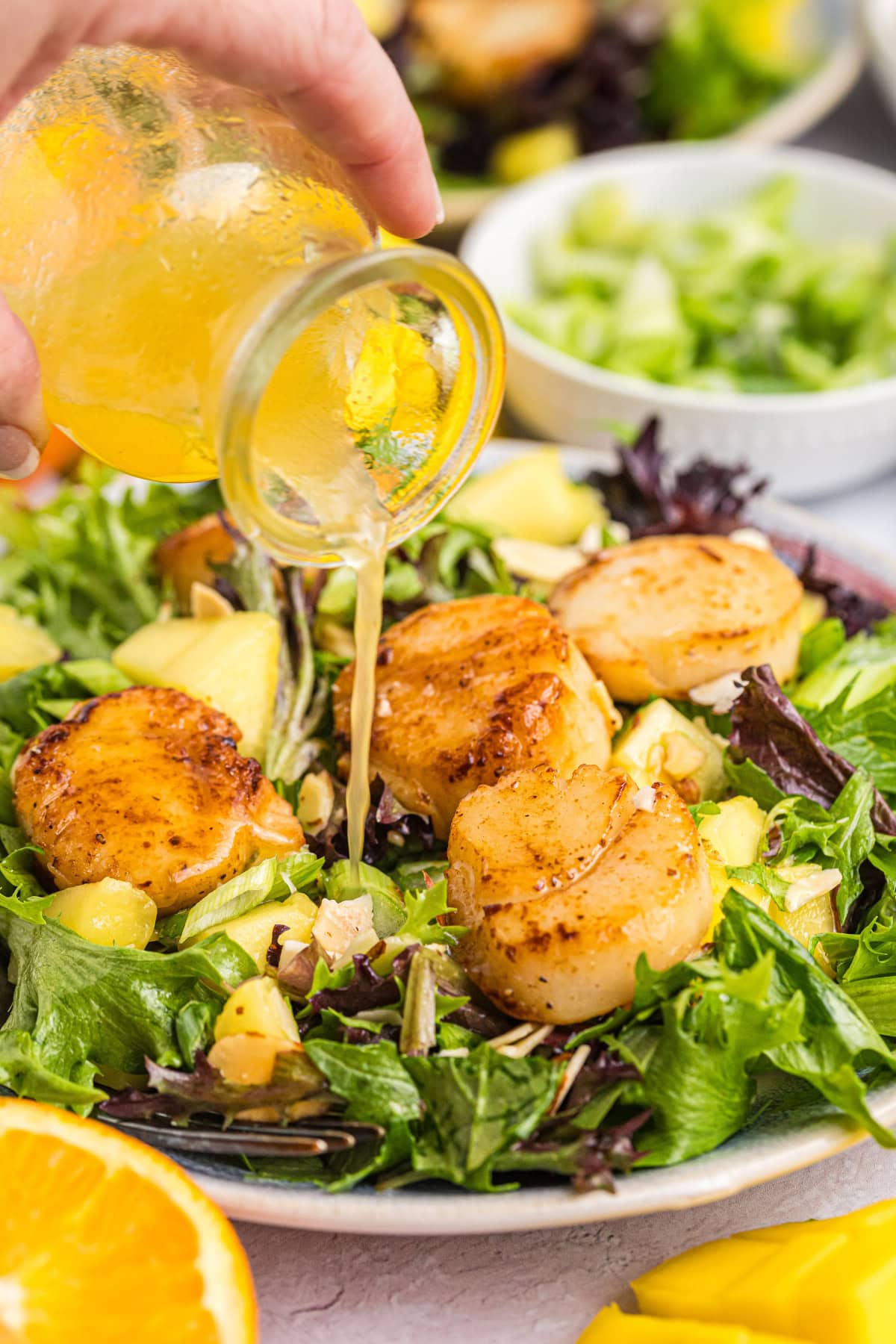 Scallop salad with mango, greens and a citrus vinaigrette. Fresh, light and perfect for a quick, flavorful meal! Pouring citrus vinaigrette onto scallop salad
