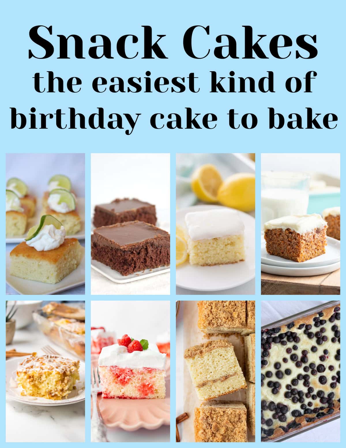 The best birthday cake recipes including layer cakes, bundt cakes, snack cakes and sheet cakes. So many fun and delicious ideas! snack cake recipes collage
