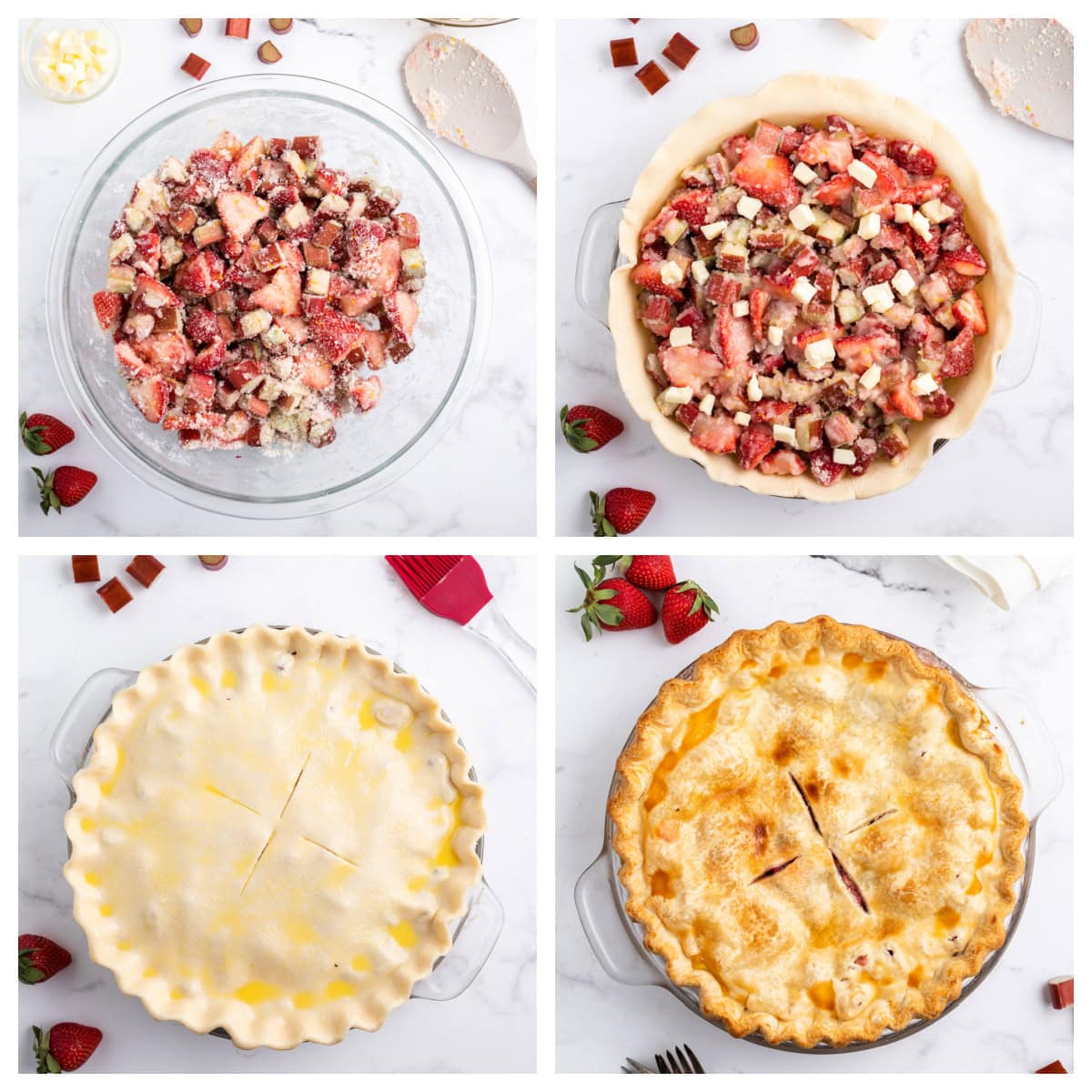 four photos showing how to make strawberry rhubarb pie