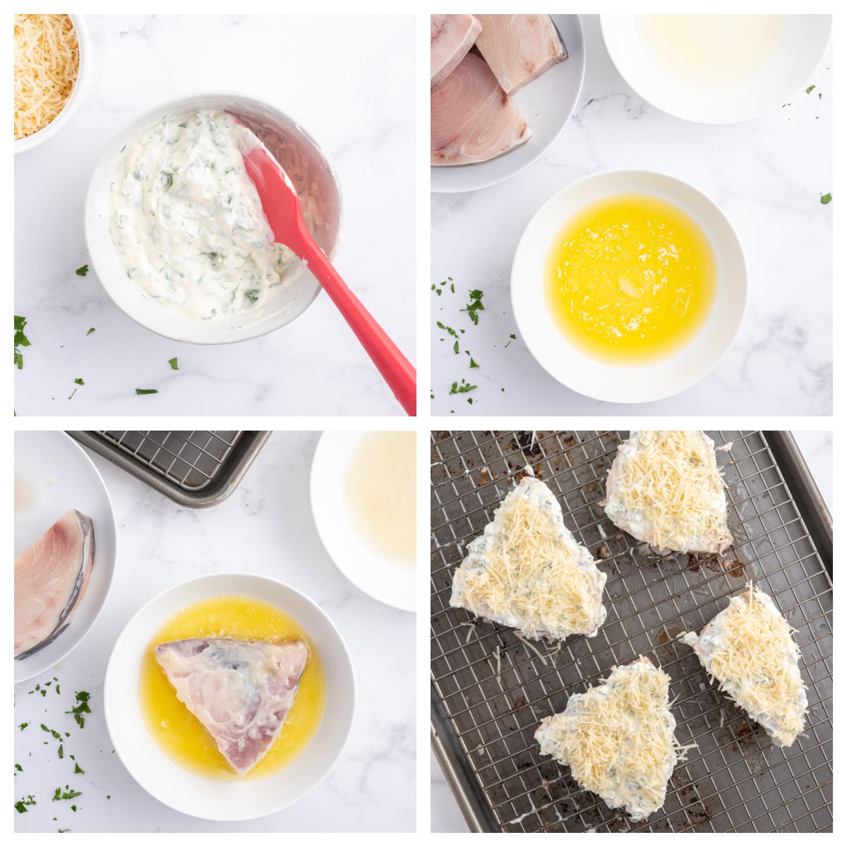 Swordfish parmesan with a golden, savory topping. An easy, fresh seafood dinner ready in under 30 minutes! four photos showing how to make swordfish parmesan