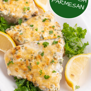 pinterest image for swordfish parmesan